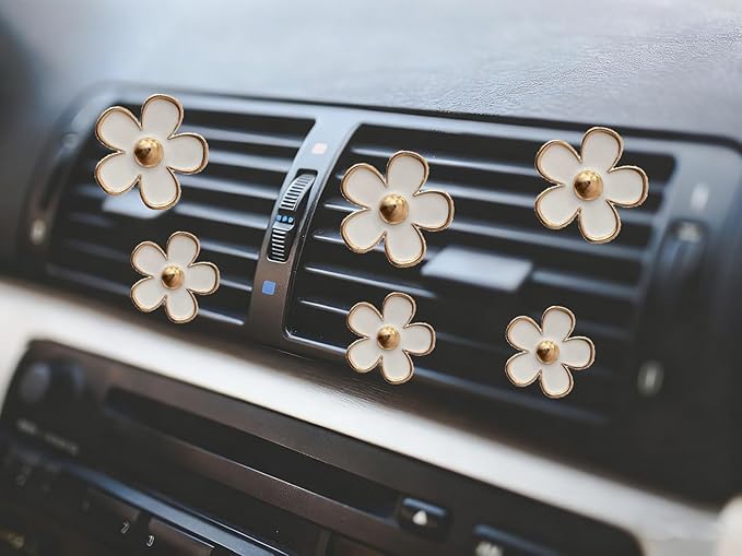 6pcs Colorful Daisy Flower Car Air Vent Clips, Car Air Outlet Freshener Clip for Auto Interior Decoration Accessories (White)