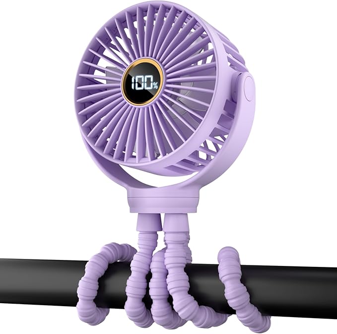 Portable Stroller Mini Fan, Small Rechargeable Personal Fan, Travel Essentials for Baby, Wagon, Car Seat, Treadmill, Battery Powered Biking Gear Accessories, 360° Rotation, 3-Speed, Display