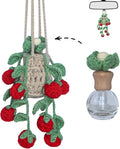Handmade Crochet Hanging Car Air Freshener - Sweet Cherry Charm with 12ml Refillable Glass Essential Oil Bottle, Cute Car Accessories for Women & Bedroom Floral Decor