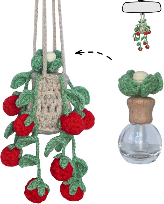 Handmade Crochet Hanging Car Air Freshener - Sweet Cherry Charm with 12ml Refillable Glass Essential Oil Bottle, Cute Car Accessories for Women & Bedroom Floral Decor