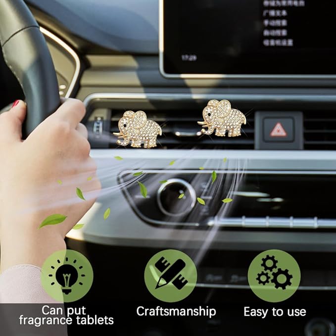 2PCS Car Air Vent Clip, Car Vent Accessories, Crystal Elephant Car Air Fresheners Vent Clips, Rhinestone Air Conditioning Outlet Clip Interior Decoration Universal for Women and Girls (Gold)