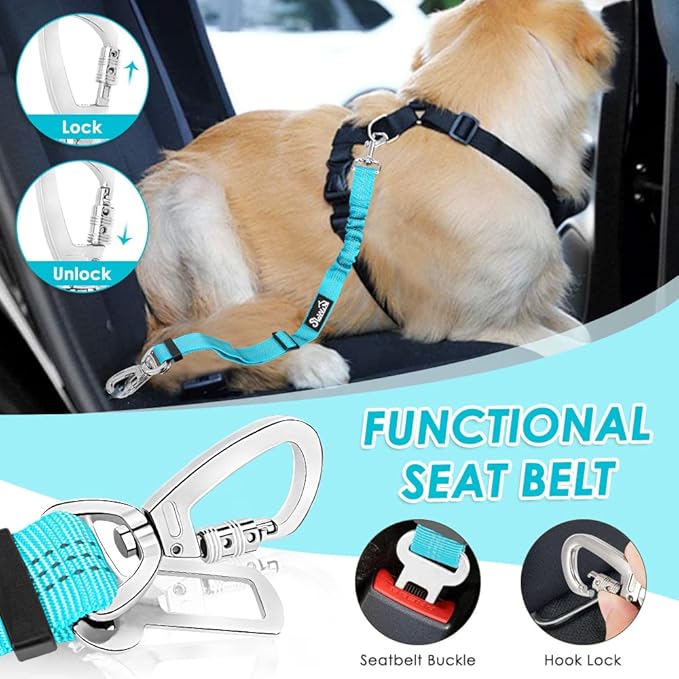 Lukovee Dog Seat Belt for Car, Adjustable Dog Car Harness for Large Medium Small Dogs, Soft Padded & Breathable Mesh Dog Seatbelt with Car Strap and Carabiner (Light Blue,M)