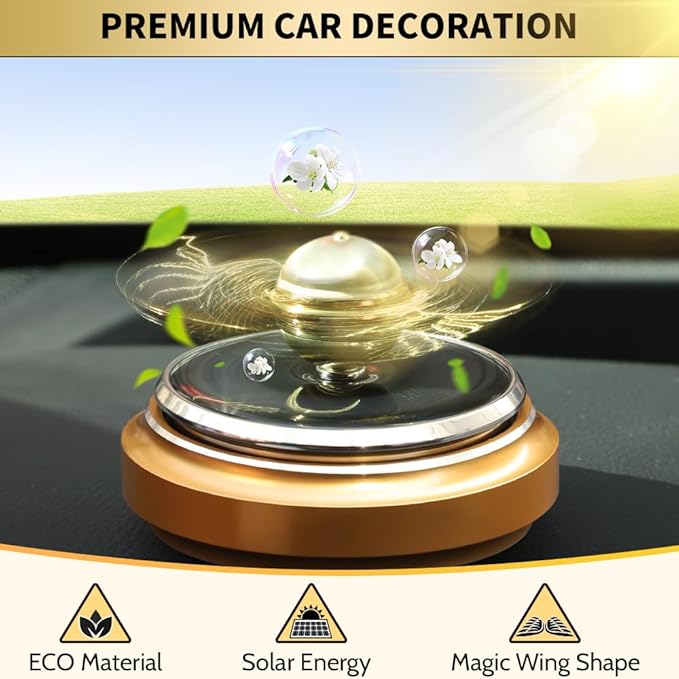 Golden Fidget Spinner Solar Energy Toy, Car Air Freshener Dashboard Decoration Powered by Sunshine, Cool Science Kit Spinning Ball Toy with Solar Panels, Premium Gift for Boyfriend Men Women
