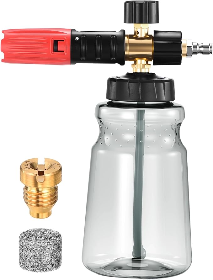 Foam Cannon for Pressure Washer, 1L Thick Foam Lance Soap Dispenser for Car Washing with Adjustable Thick Foam with 1/4 Inch Quick Connector, Foaming Mesh, Stainless Steel Nozzle