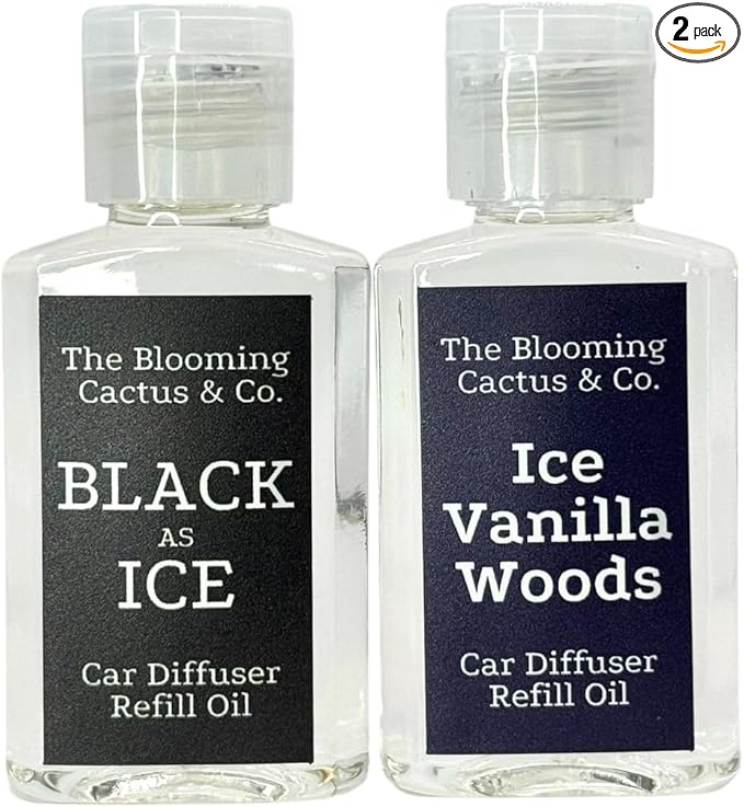 1 OZ Premium Car Diffuser Refill Oil – 2 Pack Long Lasting Fragrance Oil for Car, Home & Office | Compatible with Most Diffusers |Fresh, Pleasant Scent for Every Space (Black Ice + Iced Vanilla Woods)