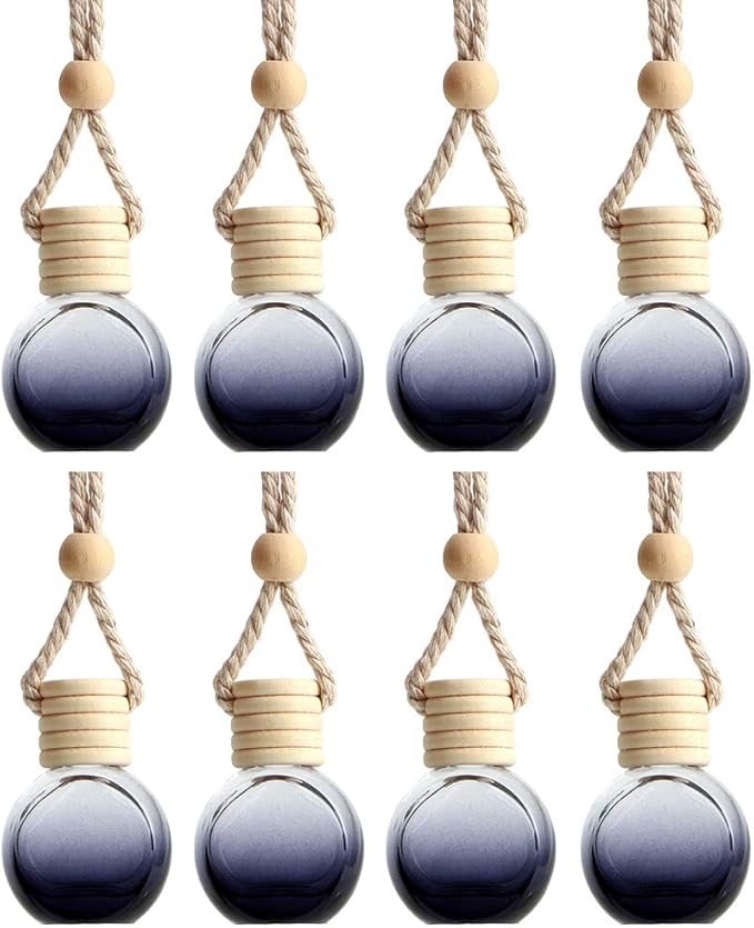 8Pcs,6ml Hanging Car Air Freshener Diffuser, Essential Oil Pendant Perfume Aromatherapy Vials,Thick Oblate-Style Glass Fragrance Container With Wooden Caps & Hanging String,FREE Funnel,Dropper