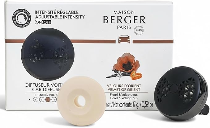 Maison Berger Car Diffuser Set – Refillable Vent Clip, Ceramic Refill, Made in France - Luxury Auto Scent - 4-Week Diffusion - Elegant Air Freshener for All Car Vents (Velvet of Orient)