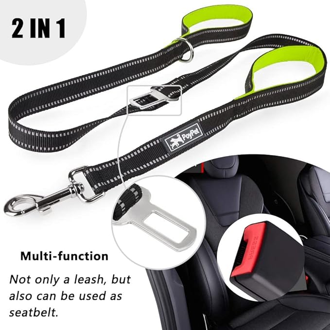 PoyPet 5 Feet Dog Leash - 3M Reflective - 2 Cushioned Handles - Functional Car Seat Belt(Green)