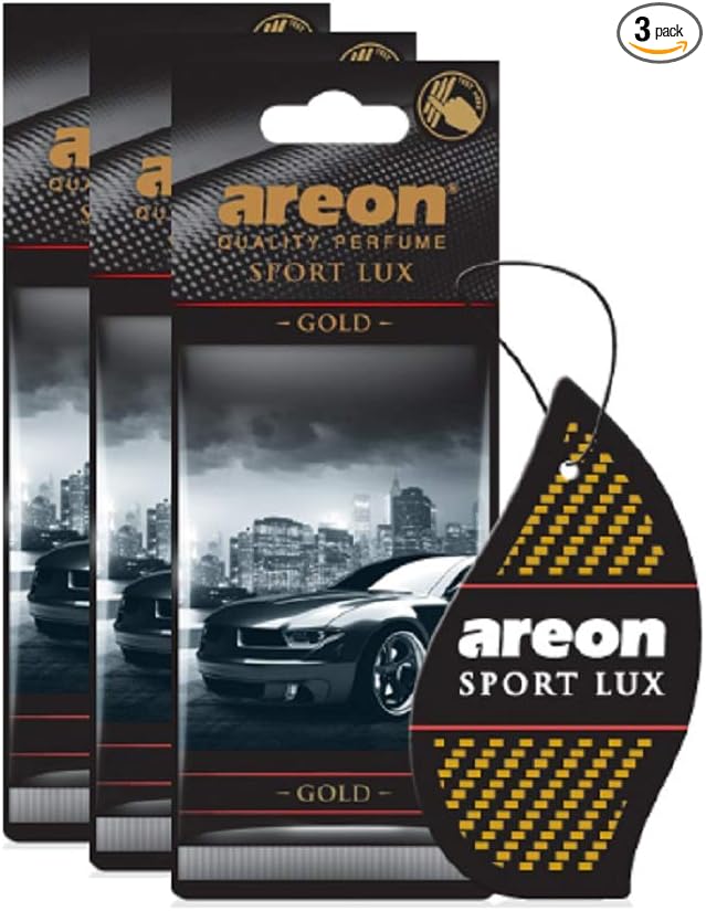 AREON Sport Lux Gold - Hanging Cardboard Air Freshener for Car, Home & Office - Premium Cologne Perfume with Natural Fragrances - Long Lasting, Fresh, Luxurious Scent - Stylish Design, Pack of 3