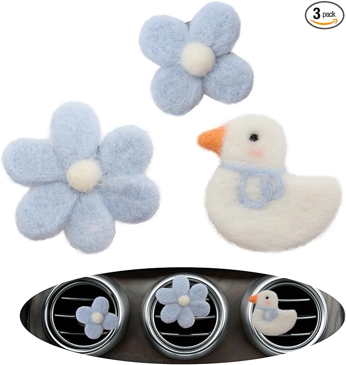 Cute Car Accessories,Duck Flower Air Vent Clips,Handmade Wool Felt Aroma Diffuser,Refillable Girly Car Air Freshener,3pcs White Blue Car Decor