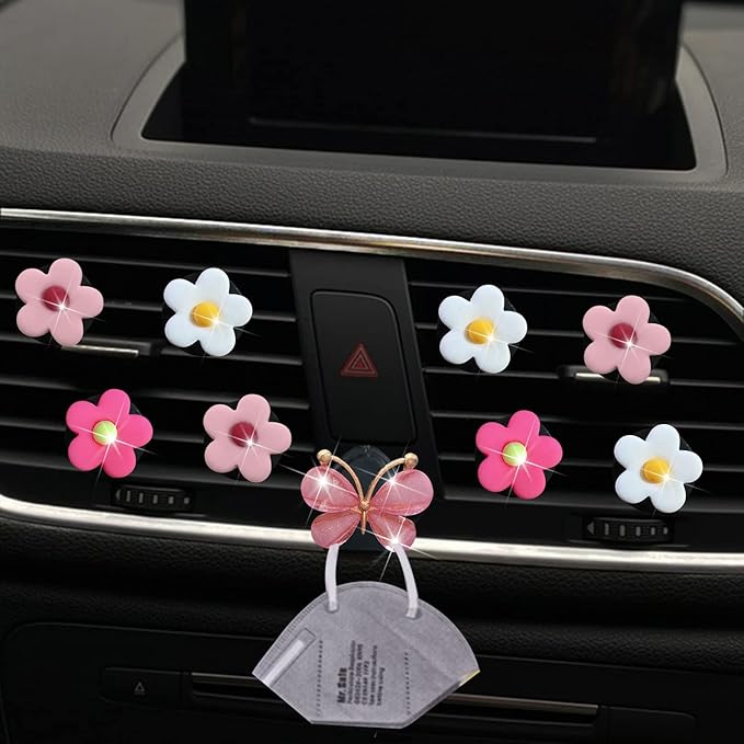 Cute Daisy Air Vent Clips 9 Pcs Flower Car Air Fresheners Vent Clips Charms Car Diffuser Vent Clip Car Decor Car Interior Decoration Cute Car Accessories for Women (White&Pink&Light Pink)