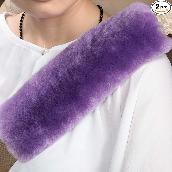 OGLAND 2 Pack Natural Fur Comfort Auto Authentic Sheepskin Car Seat Belt Pads for Adults, Soft Texture Shoulder Neck Cushion Pad Protector, Genuine Australia Merino Wool Cover (Light Purple)