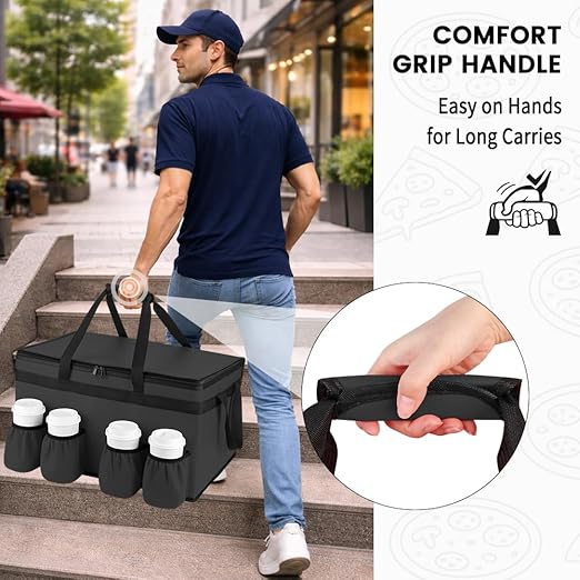 CIVJET Insulated Food Delivery Bag with 4 Cup Holders, XX-Large Insulated Grocery Bags Keep Food Hot/Cold, Cooler Bags with Drink Carrier, Food Carrier Catering Bag, Commercial Food Warmers, Black