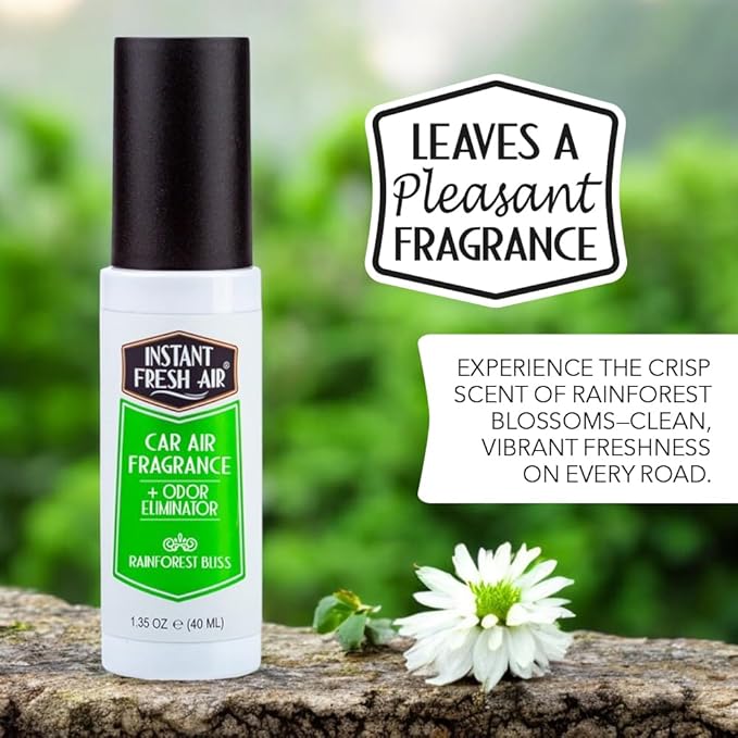 2-Pack: Dual-Action CAR AIR Freshener Rainforest Bliss -Instantly Eliminates Odors from Smoke, Food, Pets in 2 Seconds - For Commuters, Pet Owners, Rideshare Drivers 1.35 Oz. - INSTANT FRESH AIR