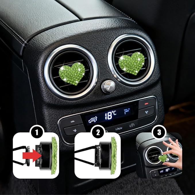 4PCS Heart-Shaped Car Vent Clip with Rhinestone, Vent Clip Car Accessories, Sparkly Rhinestone Bling Diamond Freshener Holder, Air Conditioning Outlet Ornament for Women Girls (Green, Style1)