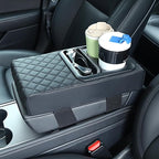 Supin Car Armrest Cushion - Multifunctional Faux Leather Armrest Cushion with Cup Holder, Phone Storage, and Ergonomic Design for All Seasons (BLack)