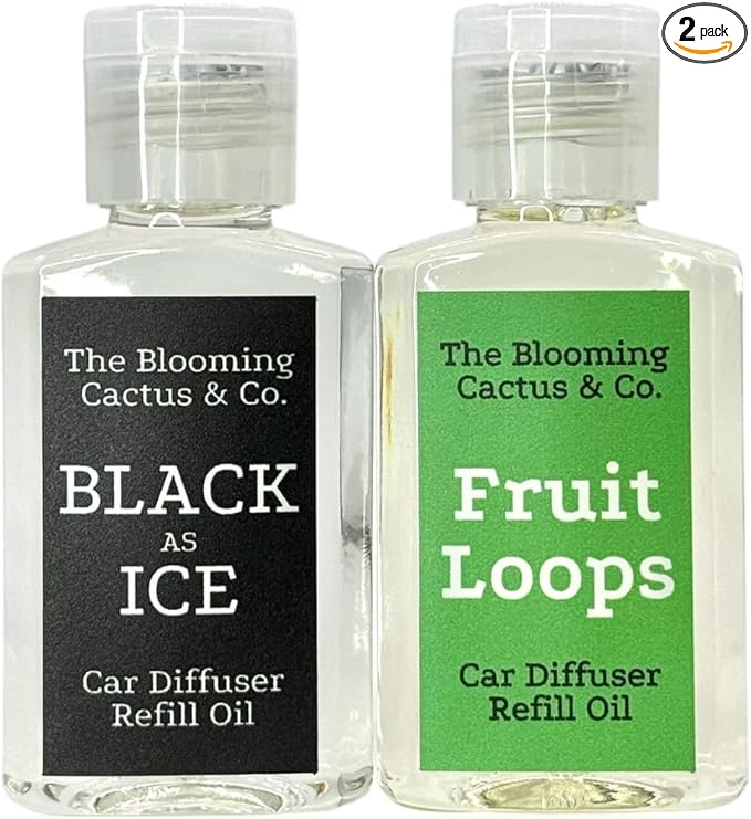 1 OZ Premium Car Diffuser Refill Oil – 2 Pack Long Lasting Fragrance Oil for Car, Home & Office | Compatible with Most Diffusers | Fresh, Pleasant Scent for Every Space (Black Ice + Fruit Loops)
