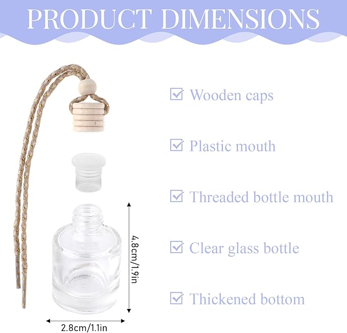 20Pcs Hanging Empty Car Freshener Glass Bottle, Essential Oil Car Diffuser, Aromatherapy Fragrance Perfume Diffuser Bottle Pendant with Wooden Caps & Hanging String(8ML)