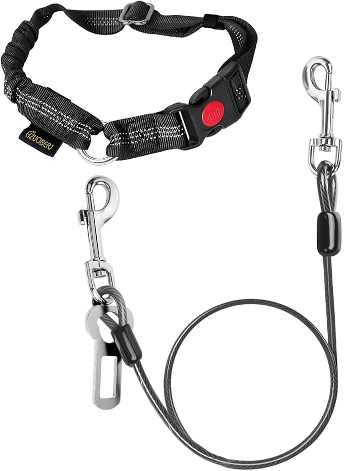 Chew Proof Dog Car Seat Belt, 2 in 1 Steel Cable Dog Car Accessories Headrest Restraint Doggie Car Seatbelt for Medium Large Dogs Chewer Heavy Duty Doggie Seatbelts for Cars Swivel Attach