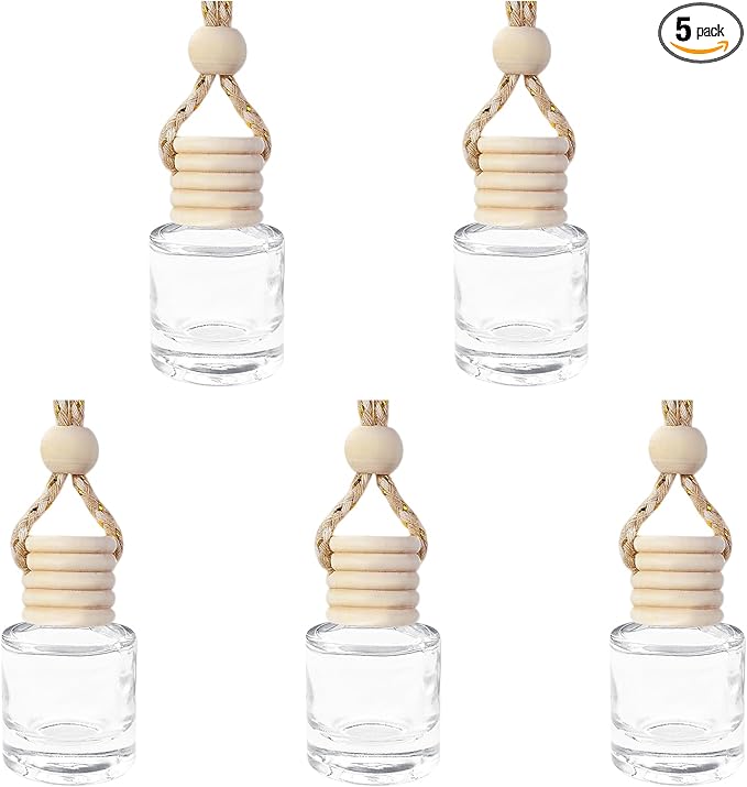 5PCS Hanging Car Air Freshener, Car Air Freshener Diffuser, 8ml Hanging Essential Oil Diffuser Bottle, Auto Interior Cute Glass Empty Perfume Bottle Ornament for Most Vehicles (Cylindrical)