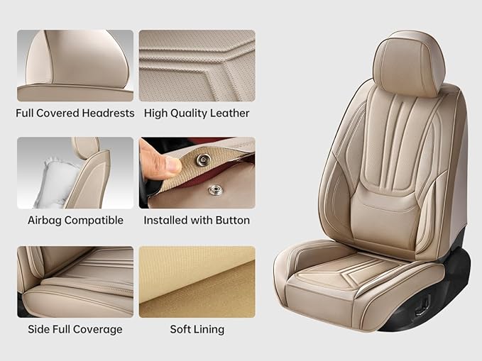 Car Seat Covers Front Seats, Premium Leather Car Seat Covers, Waterproof and Breathable Seat Covers, Universal Car Seat Protector Fit for Cars, Trucks, SUVs, Pick-ups(Beige, 2 PCS Front Seat)
