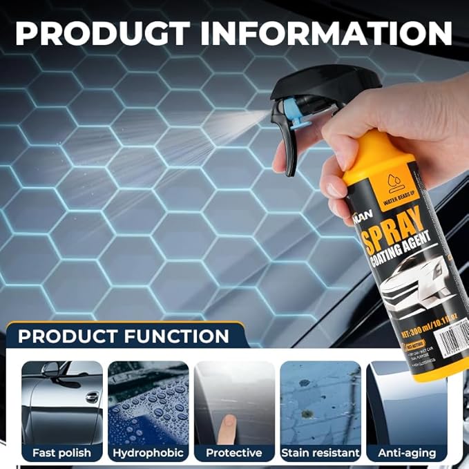 NUAN Nano Hydrophobic Ceramic Coating, 300ml Car Coating Spray Kit, Easy-to-Spray Auto Paint Protection, Includes Microfiber Cloth for Vehicle Shine & Protection