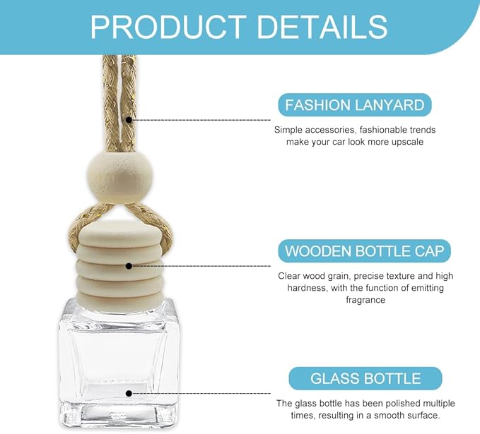 5PCS Hanging Car Air Freshener, Car Air Freshener Diffuser, 8ml Empty Glass Auto Oil Perfume Aromatherapy Diffuser Charms, Refillable Perfume Bottles for Most Vehicles (Square, Style 1)
