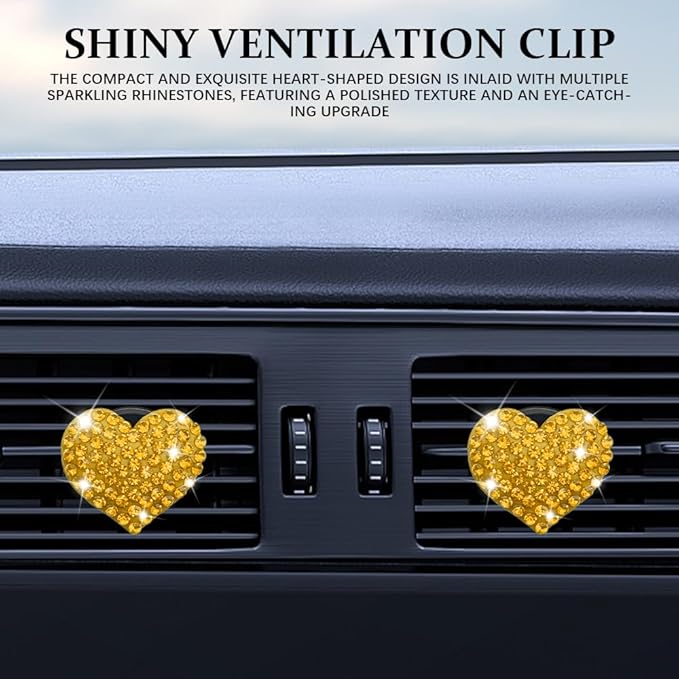 4PCS Heart-Shaped Car Vent Clip with Rhinestone, Vent Clip Car Accessories, Sparkly Rhinestone Bling Diamond Freshener Holder, Air Conditioning Outlet Ornament for Women Girls (Yellow, Style1)