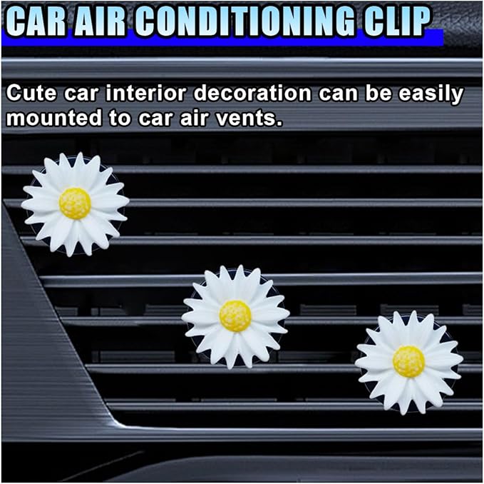 3PCS Daisy Flower Car Dashboard Air Vent Trim Clip, Cute Daisy Air Conditioner Outlet Clip Car Charm for Women, Car Air Vent Clip Auto Interior Decoration for Girls Present (White)