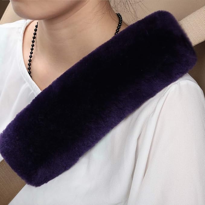 OGLAND 2 Pack Natural Fur Comfort Auto Authentic Sheepskin Car Seat Belt Pads for Adults, Soft Texture Shoulder Neck Cushion Pad Protector, Genuine Australia Merino Wool Cover (Lilac)