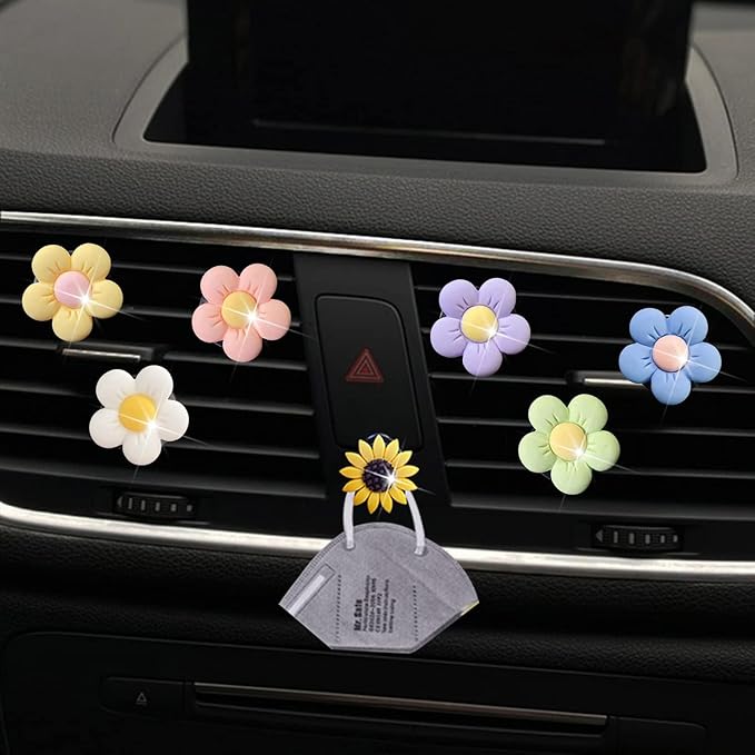 6PCS Cute Daisy Flower Air Vent Clip Car Accessories Air Conditioning Outlet Clip Car Air Freshener Dashboard Accessories Charm Car Inter Decor