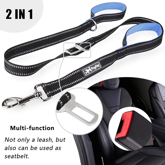 PoyPet 5 Feet Dog Leash - 3M Reflective - 2 Cushioned Handles - Functional Car Seat Belt(Light Blue)