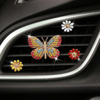 Gold Butterfly Bling Butterfly Car Clip Decor, Cute Car Vent Clips - Rhinestone Air Freshener Set with 3 Daisy Flowers