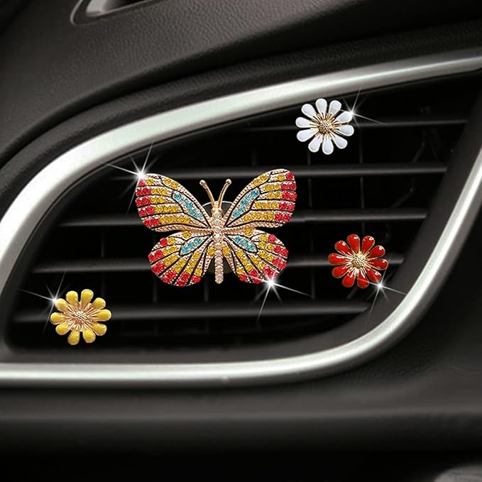 Gold Butterfly Bling Butterfly Car Clip Decor, Cute Car Vent Clips - Rhinestone Air Freshener Set with 3 Daisy Flowers