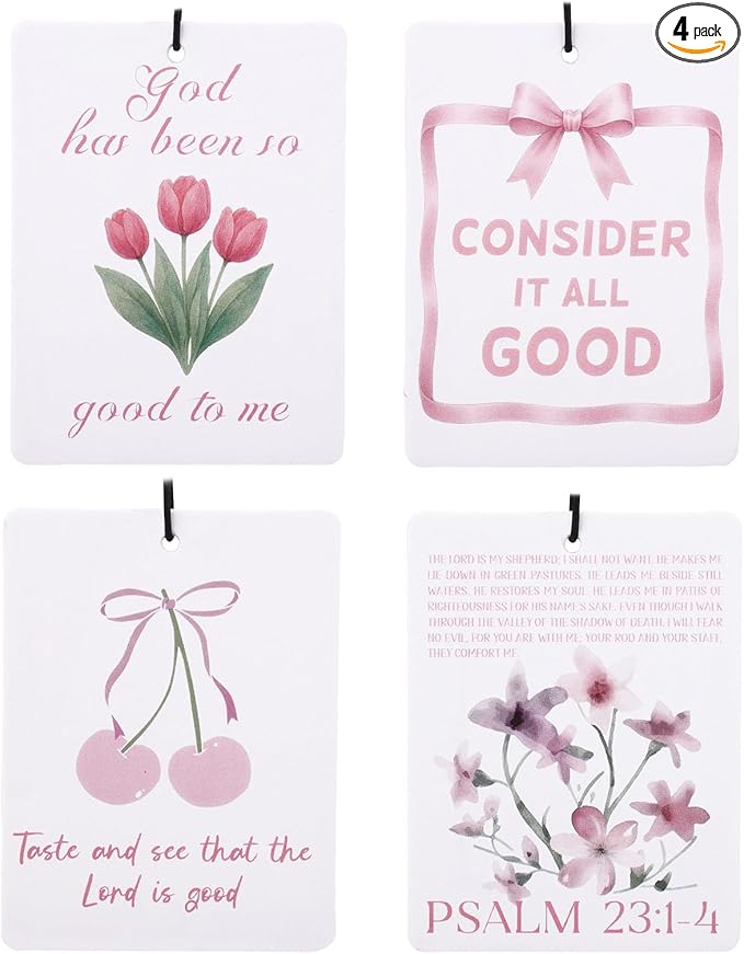 4pcs Pink Christian Car Air Freshener, Cute Floral Cherry Jesus Christian Hanging Car Scents Diffuser Freshener Religious Hanging Decor Gifts for Women Girls Closet Drawer Auto Accessories (4 Styles)