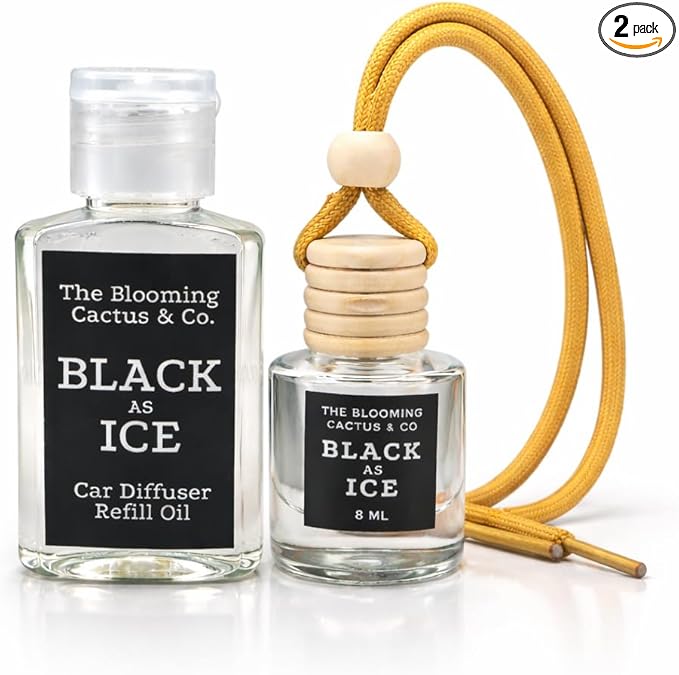 Car Air Freshener with 30ml Refill – Hanging Car Diffuser Oil, Long-Lasting Phthalate-Free Scent – Hanging Car Air Freshener + Refill. (Black Ice (Type), 8 ml)