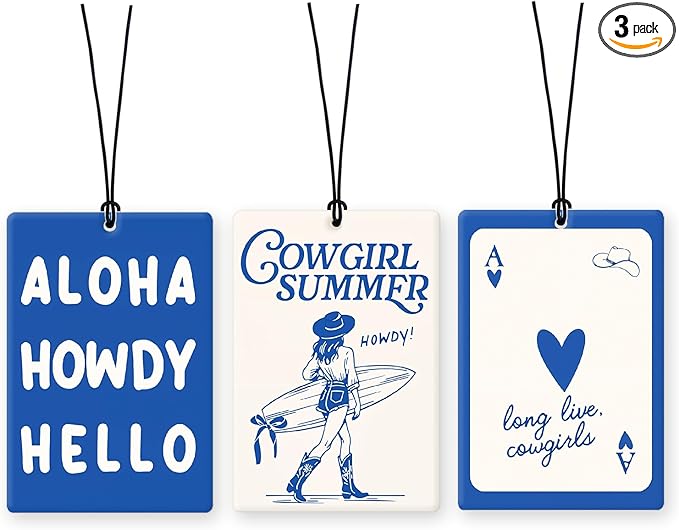 Lacama Blue Retro Western Coastal Cowgirl Car Air Freshener 3Pcs, Hawaii Coastal Cowgirl Cars Scents Air Freshener for Women Girls Gifts, Western Girly Car Accessories Interior Mirror Decor Hanging