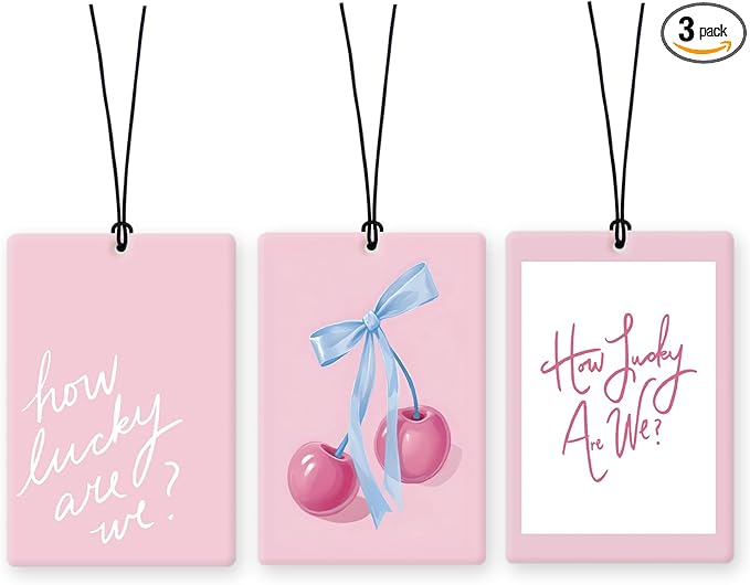 Lacama Pink Girly Car Air Freshener 3Pcs, Coquette Bow Cherry How Lucky Are We Cars Scents Air Freshener for Women Girls Gifts, Preppy Cute Car Accessories Interior Mirror Decor Hanging