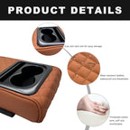 Car Center Console Armrest Pillow, 14"×8.3" Waterproof Leather Armrest Box Cover with Cup and Phone Holder, Soft Memory Foam Arm Rest Console Pad Protector for SUV Truck (Brown, Embroidery)