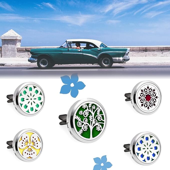 Car Diffuser Vent Clip, 4 Packs Aromatherapy Essential Oil Car Diffuser Vent Clips Magnetic Locket Scent Diffuser with 48 Refill Pads (3 Flowers and Tree)