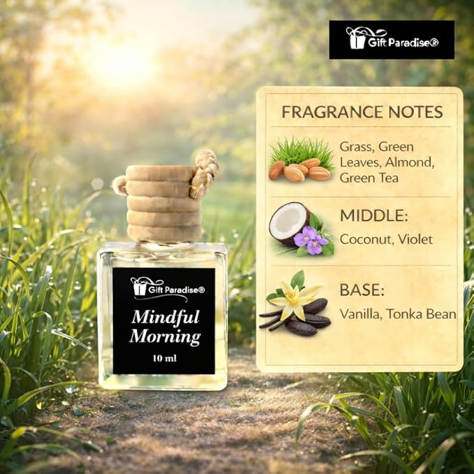 Gift Paradise® Mindful Morning Car Air Freshener Set of 3 (10 ml Each), Hanging Diffuser with Wooden Lid, Clean Spa-Inspired Fresh Scent for Car Mirror, Home & Closet
