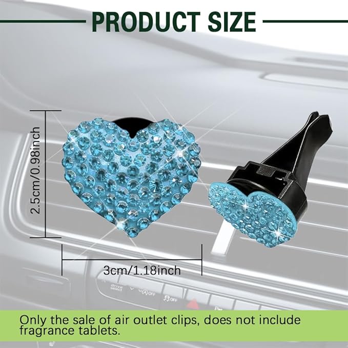 2PCS Bling Heart Air Vent Clips, Heart Car Accessories, Bling Heart Charm Air Conditioning Outlet Clip, Car Decor Air Fresheners Vent Clips Universal Fit for Women and Girls (Lake blue)