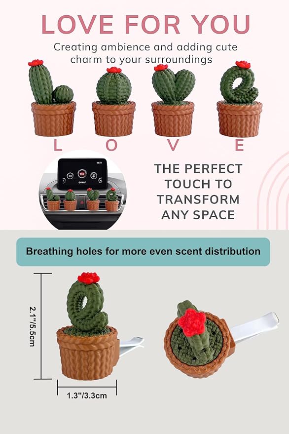 Cute LOVE Cactus Air Vent Decorations, Car Air Freshener Vent Clip with Aroma Pad, 4 Pack Vent Clips Accessories for Women Car Decor Gifts (Green LOVE, Tasteless)