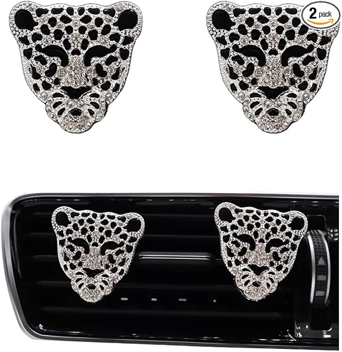 Leopard Car Accessories,2pcs Silver Leopard Head Car Air Freshener Vent Clip for Women Teens,Refillable Essential Oils Perfumes Diffuser