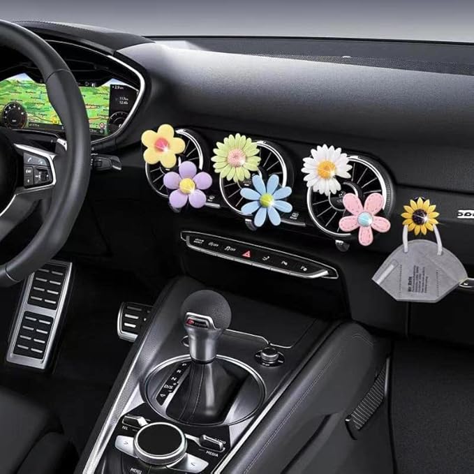 7 Pcs Cute Daisy Air Vent Clips, Flower Car Air Fresheners Vent Clips Cars Diffuser Vent Clip Charm Cars Decoration for Women Cute Interior Decor Flower Car Accessories + Sunflower Mask Hook