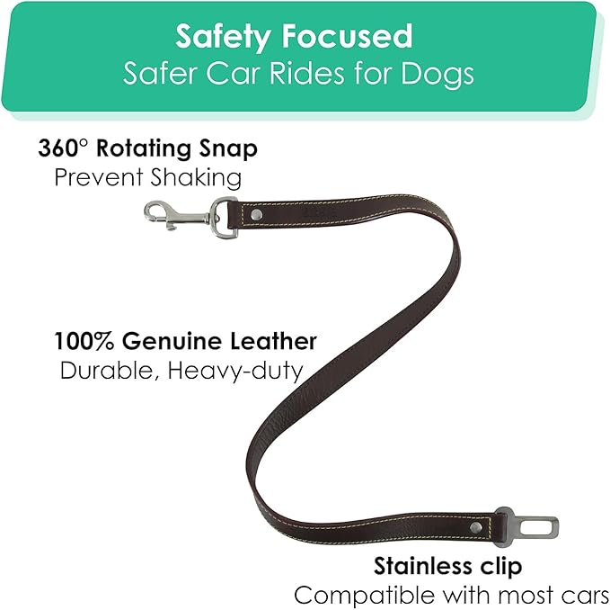 Genuine Leather Dog seat Belt for car, Safe Distraction Free Driving, Heavy-Duty Design with Military Grade Hardware, Harness for Small, Medium and Large Pets (Brown, 30")