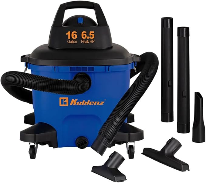 Koblenz Wet Dry Vacuum Cleaner, Large 16.0 Gallon Tank, 6.5 HP Powerful Vacuum for Dry and Wet Messes, Vacuum Cleaner and Blower with Drain Plug, Accessories Included, Black+Blue (WD-16 L4)