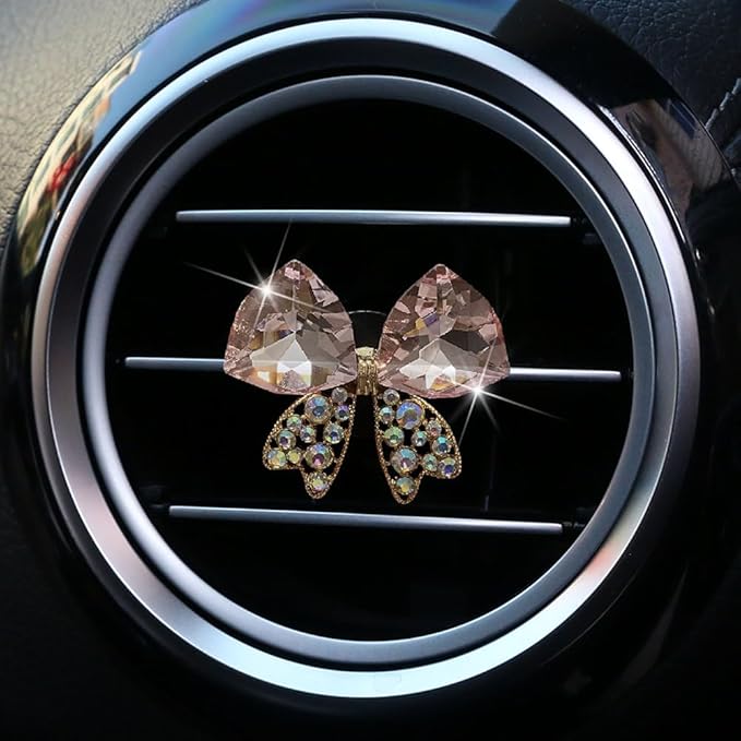 4 Pcs Bling Diamond Crystal Bow Vent Clips Car Interior Air Fresheners Automotive Rhinestone Decoration Adapt for Women and Girl (Pink)