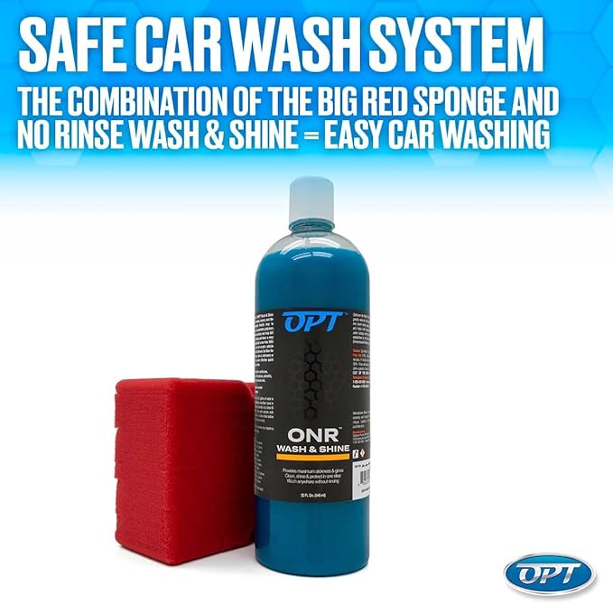 Optimum No Rinse Version 5 (32 Oz) and Big Red Sponge (BRS) Car Cleaning Kit, ONR Rinseless Car Wash and Wash Sponge for Washing and Auto Detailing