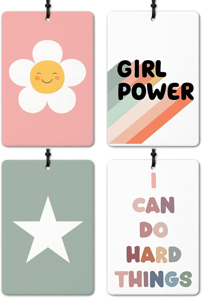 Cute Girly Car Air Freshener 4 Pcs, Boho Daisy Flower Star Inspirational Quotes Air Freshener Hanging for Cars Books Closet Drawer, Girly Car Accessories for Women Girls